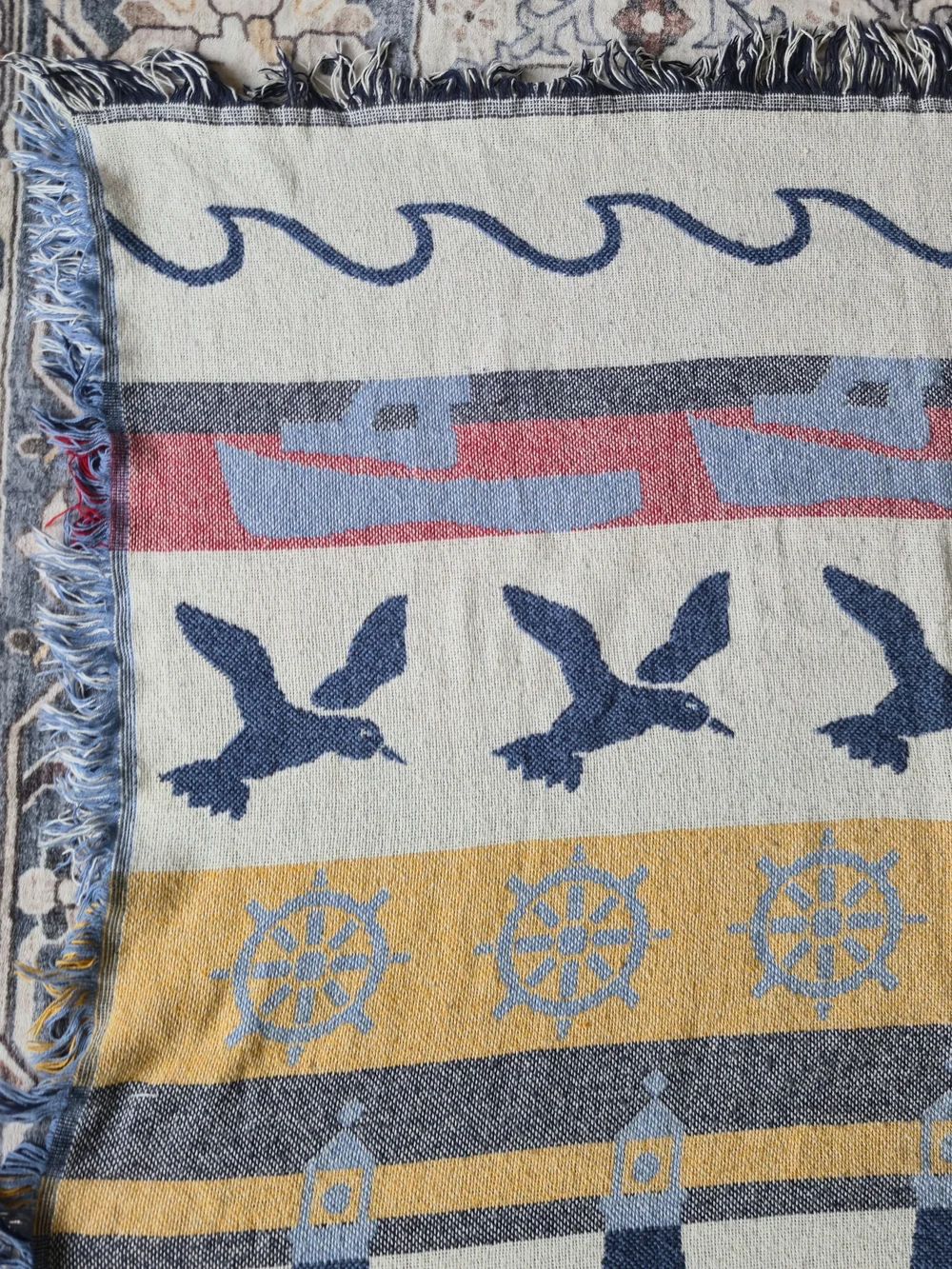 Vintage Nautical Woven Tapestry Throw Blanket 60x47 Coastal Beach Seaside Fringe